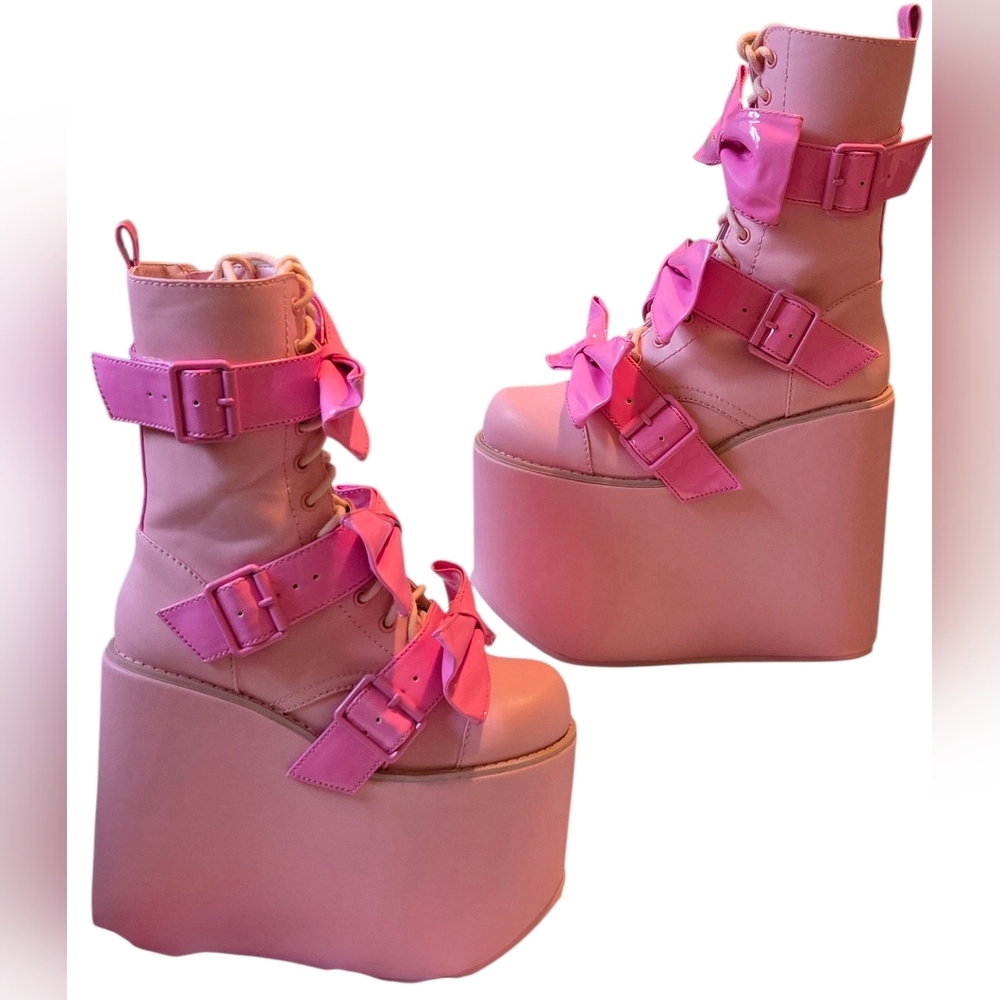 Dolls Kill/ Sugar Thrillz Big Bow Traitor Boots - Light Pink & Hot Pink
